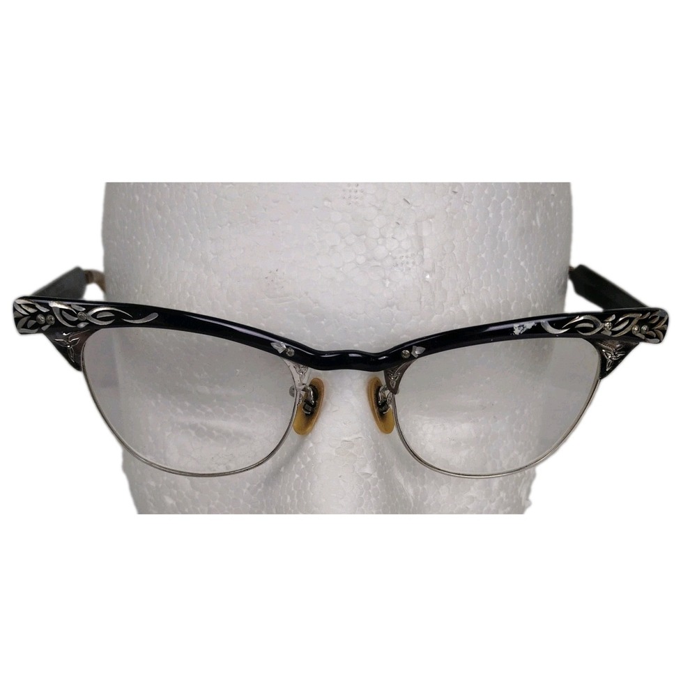 VTG 50's 60's Bishop CAT EYE BROWLINE Eyeglasses Etched Floral Alum Frame Only